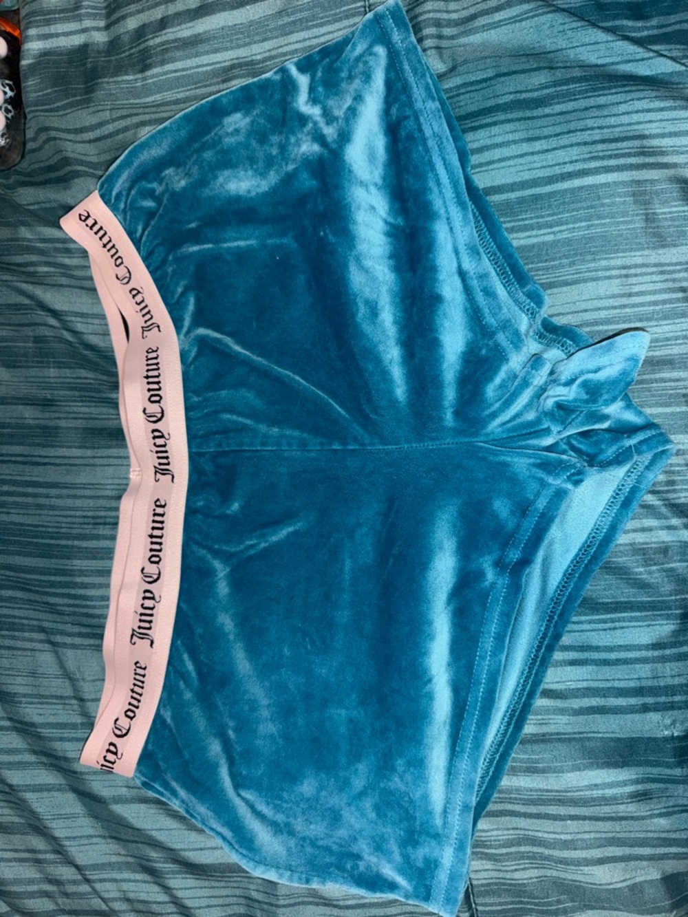 Juicy Couture Teal Velour Shorts with Black & White Logo Waistband